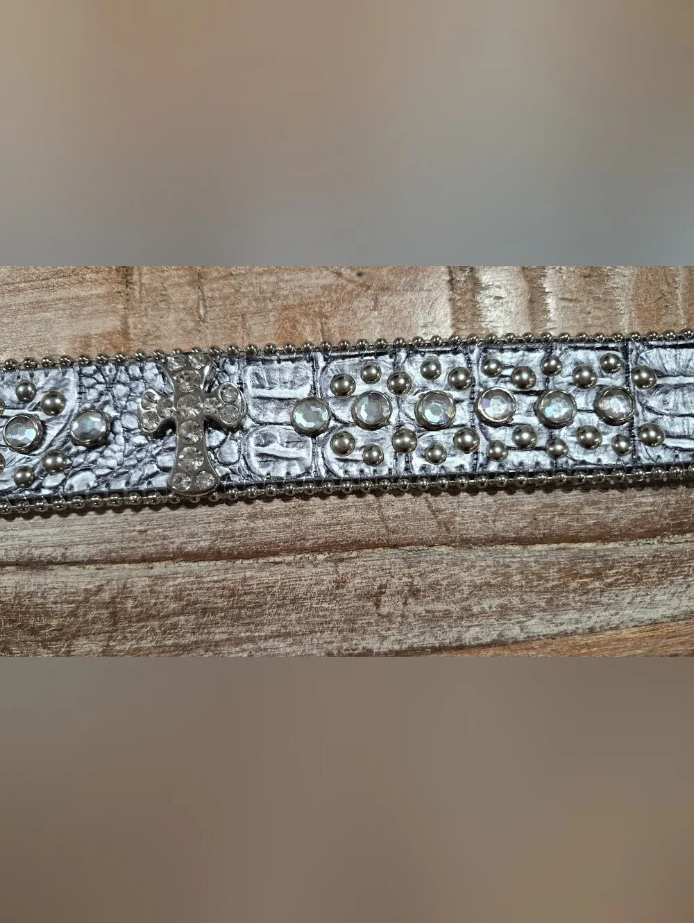 Y2K Vintage Leather Rhinestone Cross Belt - Silver Crystal Buckle S/M Western Co